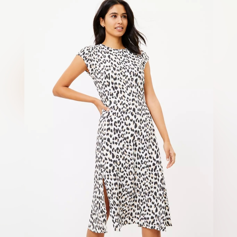 Loft Flowy White Leopard Print Dress, Size 6
